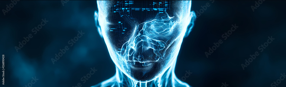 Poster digital mind: a mesmerizing close-up of a translucent, ethereal head, composed of glowing blue data 
