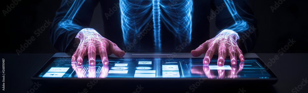 Poster digital alchemist: a stylized image of hands interacting with a glowing tablet, creating an ethereal