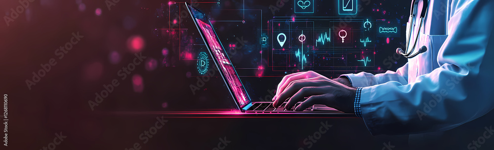 Poster digital nomad at work: a person's hands typing on a laptop, surrounded by glowing digital icons and 