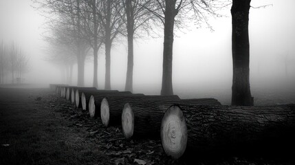 Foggy morning tree lined path with logs