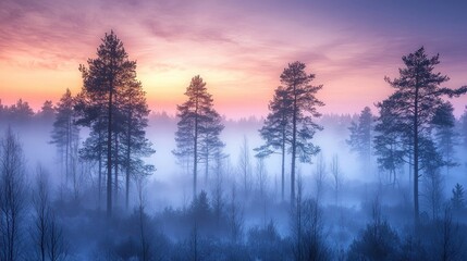 Fototapeta premium Misty Winter Sunrise Forest Scene With Tall Pines
