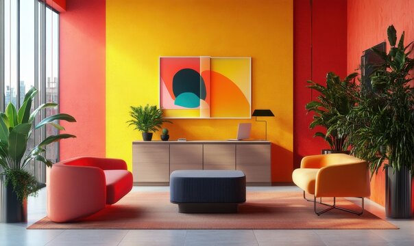 Creative modern workspace with vibrant colors, minimalist furniture, and potted greenery creating a lively and inspiring office environmen