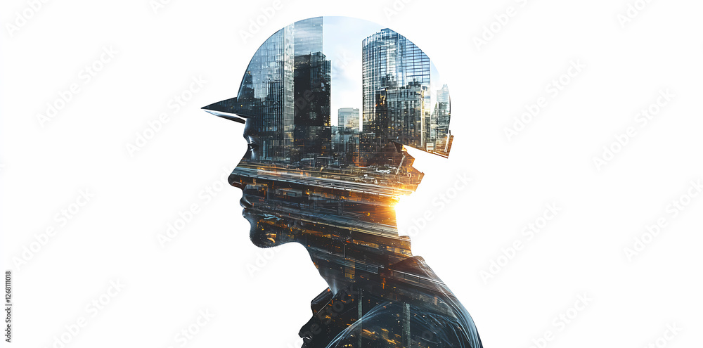 Poster urban architect: double exposure image of a construction worker's profile overlaid with a cityscape,