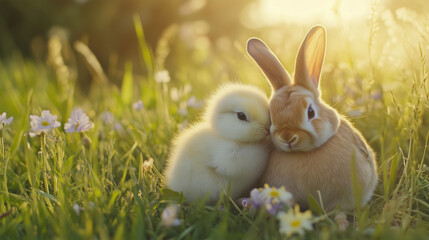 Fototapeta premium Fluffy Chick and Bunny Cuddling in a Sunlit Spring Meadow