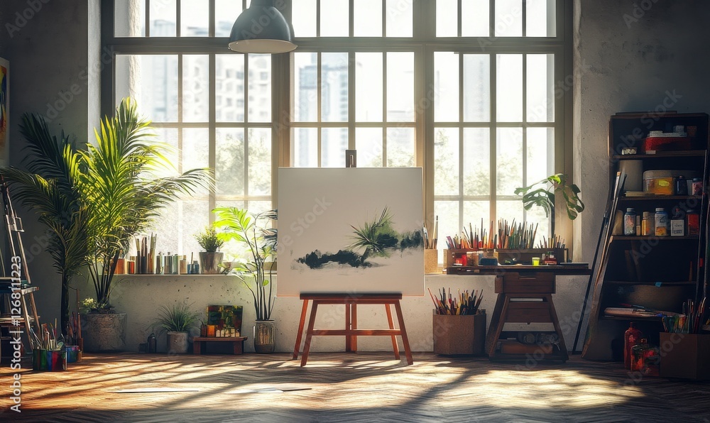 Poster creative workspace with vibrant paints, brushes, and a large canvas in progress, flooded with soft m