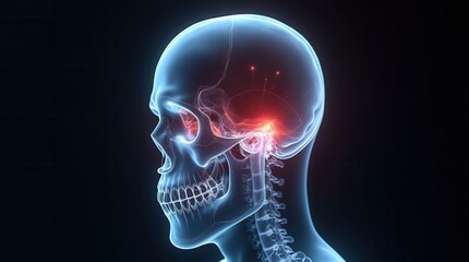 Scientific X-ray View of Human Skull with Neural Activity Visualization