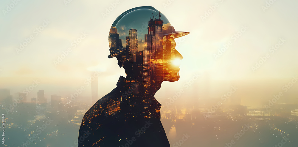 Poster building the future: a captivating double exposure image portrays a construction worker, silhouetted