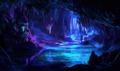 In a hidden cave, the still water reflects vibrant blue and purple hues, with stalactites and stalagmites casting their glow on the scene.