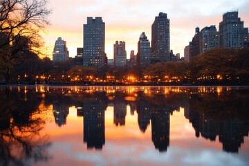 Obraz premium City Skyline Reflection at Sunset