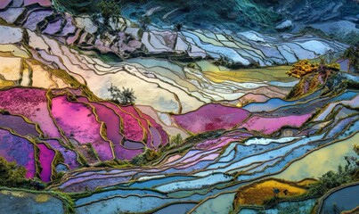 In a mountainous region, the sunrise paints the terraced rice paddies with vibrant colors.