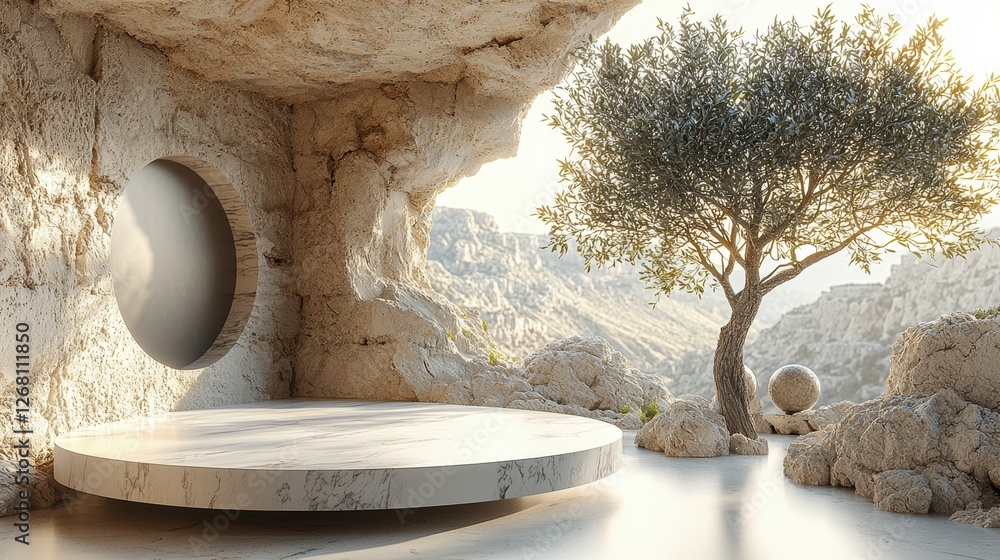 Poster a serene cave-like space featuring a marble platform and a tree.