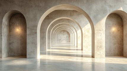 A serene architectural space featuring arched openings and soft lighting.