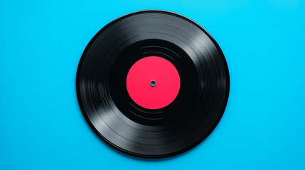 black vintage vinyl record with pink label  isolated on blue background 