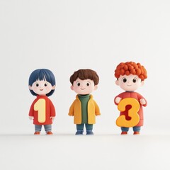 three cartoon children stand together holding numbers