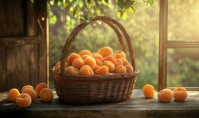 Freshly picked apricots in a wicker basket, placed on a rustic wooden table with natural light streaming through for a summery vibe
