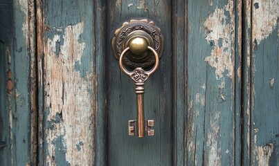 Fototapeta premium Key hanging from door knob revealing a charming home entrance on a peaceful afternoon with natural light