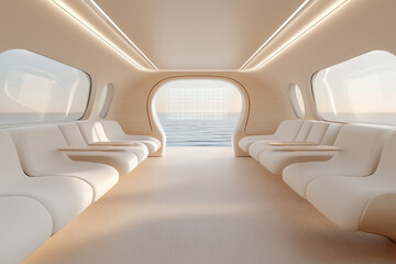Fototapeta premium A beautifully designed futuristic lounge with elegant curved seating, large panoramic windows, and soft ambient lighting, offering a breathtaking view of the ocean. 