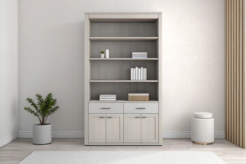 Fototapeta premium Modern bookcase, minimalist room, storage, home decor, interior design, shelves, books, plants, calm, website