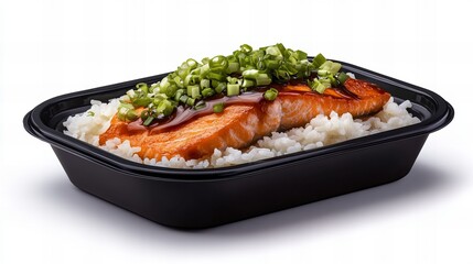 Delicious teriyaki salmon with rice and green onions. A healthy and flavorful meal, perfect for lunch or dinner.