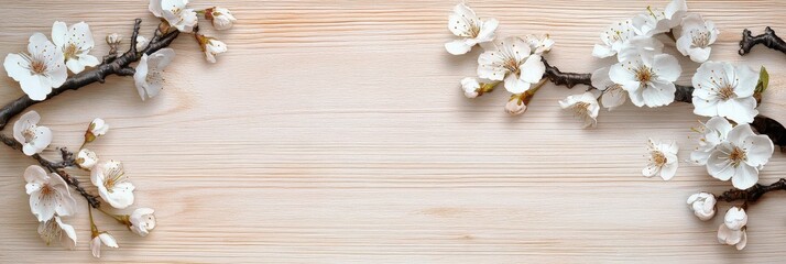 Minimalist Light Pink Wooden Table with White Cherry Blossoms &ndash; Elegant, Clean Background for Text or Product Display





