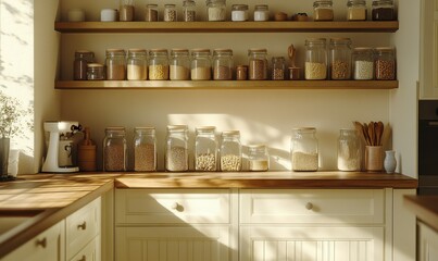 Minimalist kitchen with white cabinetry, wooden countertops, and neatly arranged jars filled with grains and spices, bathed in morning light