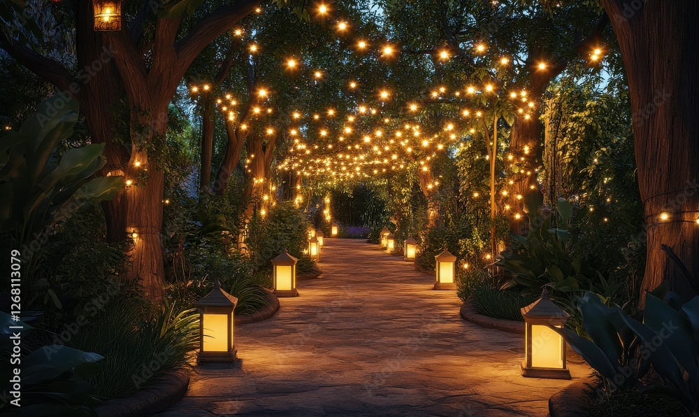 Poster serene garden path illuminated by lanterns and string lights at night.