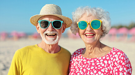 Cheerful Elderly Couple with Sunglasses Enjoying a Sunny Day at the Beach Holiday Getaway