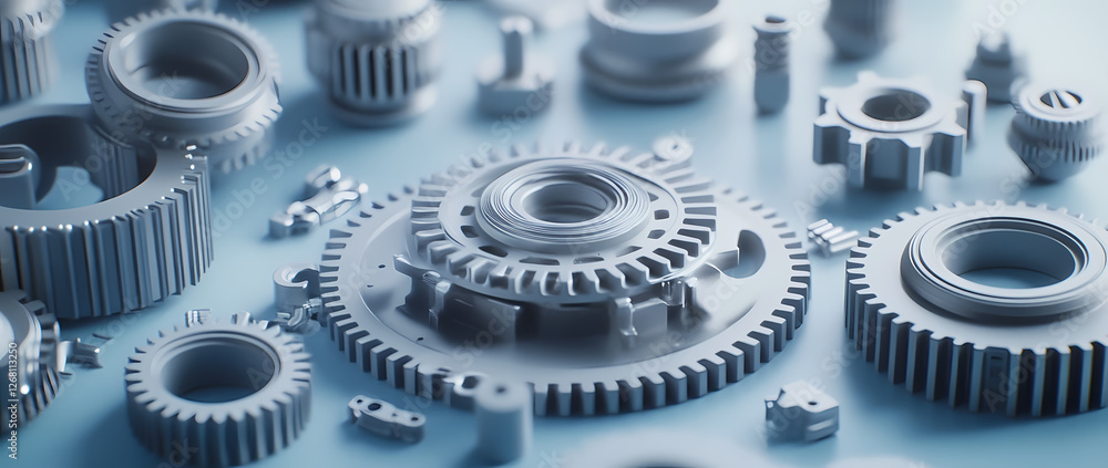 Poster precision machine parts: an assortment of meticulously crafted metallic gears and machine components