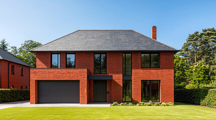 Obraz premium Contemporary Red Brick Two Story Home Exterior with Dark Gray Roof on Sunny Day Blue Sky Background