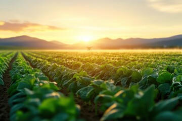 drone flying over crop field at sunset