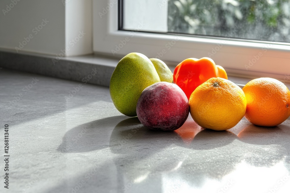 Poster fresh fruits and vegetables arranged on a kitchen counter near a window in bright morning light. gen