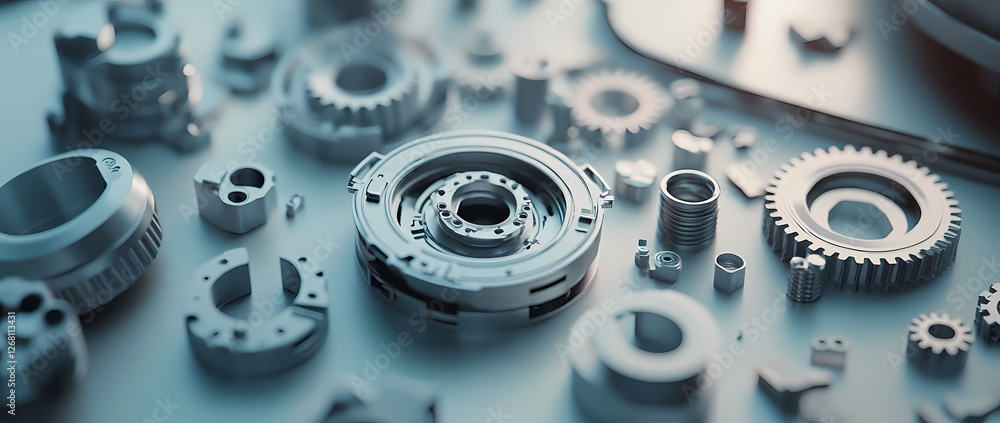 Poster precision machined components: a close-up shot reveals intricate details of metal gears and componen