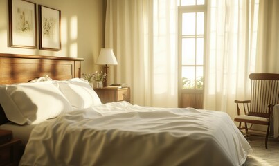 Elegant bedroom with soft white bedding, wooden furniture, and warm natural light streaming in, minimalist decor creating a serene ambiance