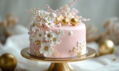 A stunning pink cake adorned with white and gold decorations, featuring elegant flower designs and golden spheres, placed on a gold-rimmed cake stand.