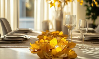 Stylish yellow fall leaves decorations on a modern dining room table.