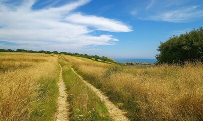 Obraz premium Skyline view of the customs officers' path and the Brittany coast, a charming walking excursion along the beautiful Breton coast. Nature hikes in France.