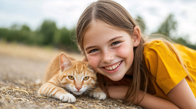 Girl and Ginger Cat Pet Portrait with Happy Smile Freckles in Summertime Outdoors Day - Powered by Adobe