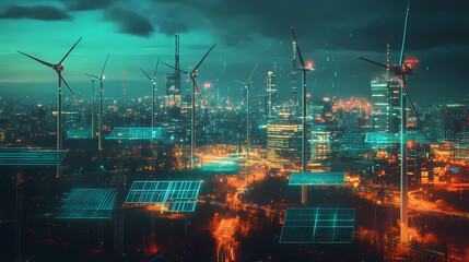 Sustainable Cityscape at Night: A futuristic city skyline illuminated by the vibrant glow of renewable energy sources, wind turbines, and solar panels.