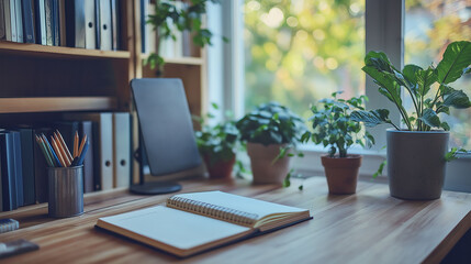 Fototapeta premium Minimalist homeschool space with a wooden desk, plants, and an open notebook, soft morning light, peaceful and productive study setup, interior photography