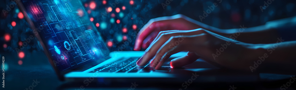 Poster digital nomad: close-up of hands typing on a laptop, futuristic digital data streams emanating from 