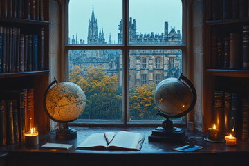 Vintage Study Room with a View of Cityscape 