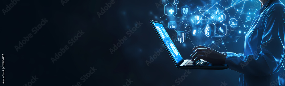 Poster digital nomad: a person uses a laptop with glowing digital icons flowing from the screen, symbolizin