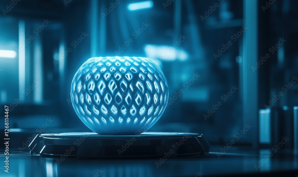 Poster close-up of a 3d-printed object in a futuristic lab, glowing blue light highlighting the fine detail