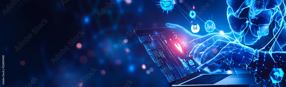 Poster cybersecurity sentinel: abstract digital rendering of a figure working on a laptop, surrounded by gl