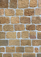 The image is a close-up of a brick wall. The bricks are arranged in a grid-like pattern, with each brick having a different color and texture. The colors range from light beige to dark brown