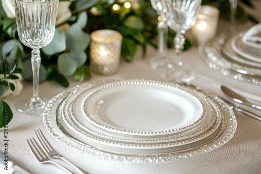 Poster Elegant table setting with fine china and soft lighting for a special celebration dinner. Generative AI