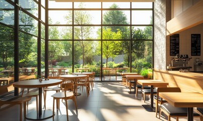 Fototapeta premium Bright modern cafe with sleek minimalist decor, warm wooden tables, and sunlight pouring in through large floor-to-ceiling window