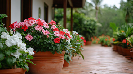 Vivid Pink and White Flowers in Pots Lining a Tiled Path Near Building on Tropical Estate