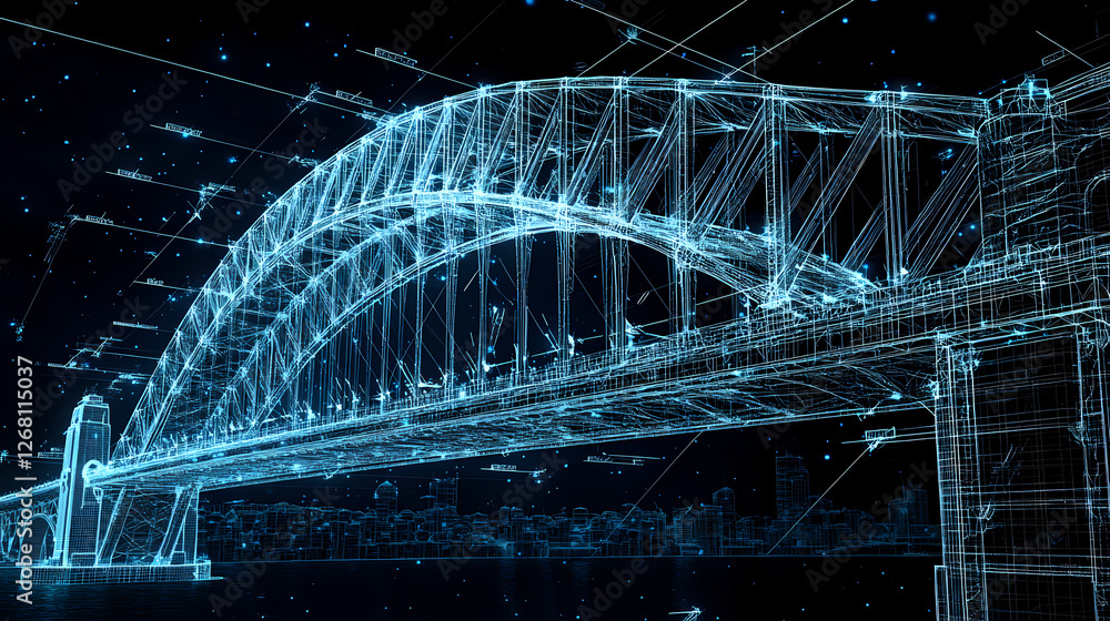 Poster digital harbor bridge: a mesmerizing digital rendering of a iconic bridge, its structure represented