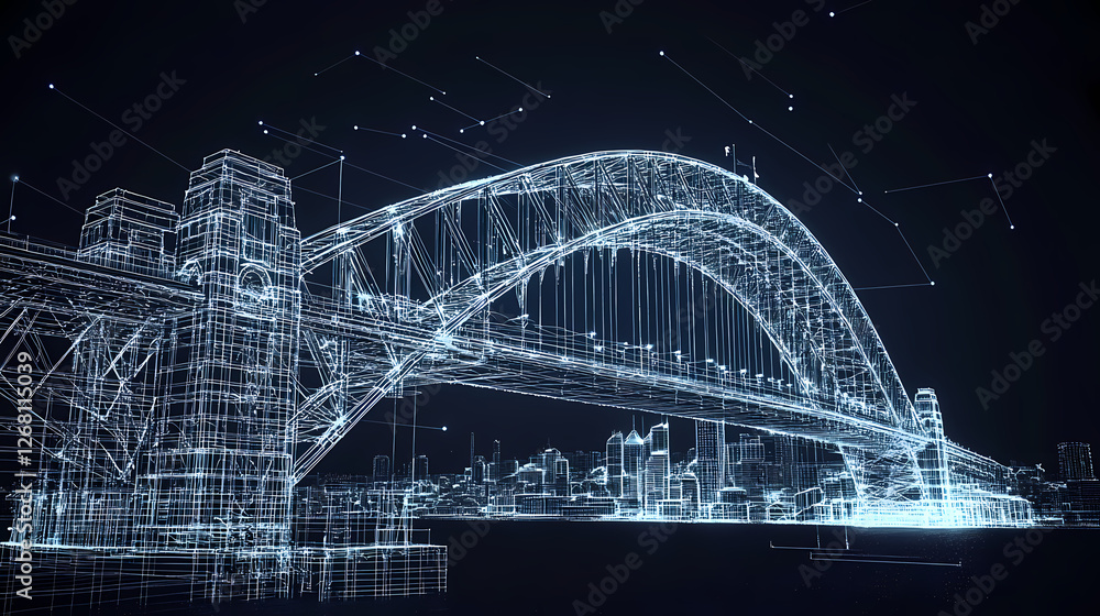Poster digital bridge: an abstract, wireframe representation of a iconic bridge, showcasing the power of di